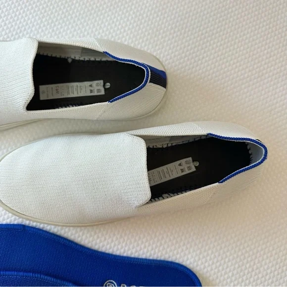 Rothy's Size W 9.5 White Blue & Black Heel Stripes Casual Slip-Ons Sneakers - Picture 5 of 9